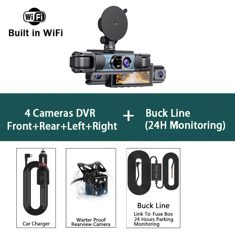 A black DVR camera unit with a built-in Wi-Fi module and separate accessories for 4 cameras, including a car charger and a pu