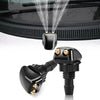 A black universal car windshield washer nozzle is shown spraying a fine mist onto a dark surface.