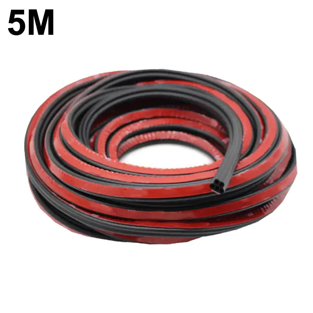 A roll of 5-meter red and black rubber weather stripping for car door seals.