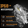 A silver LED headlight bulb is shown being splashed by water, highlighting its waterproof and anti-freezing protection struct