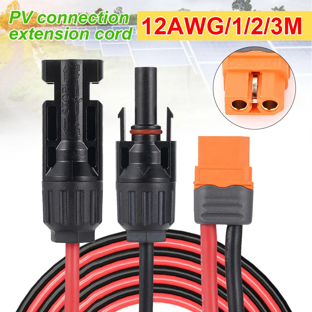 A black extension cord with red wires is shown next to an orange connector and a diagram of a PV connection extension cord.