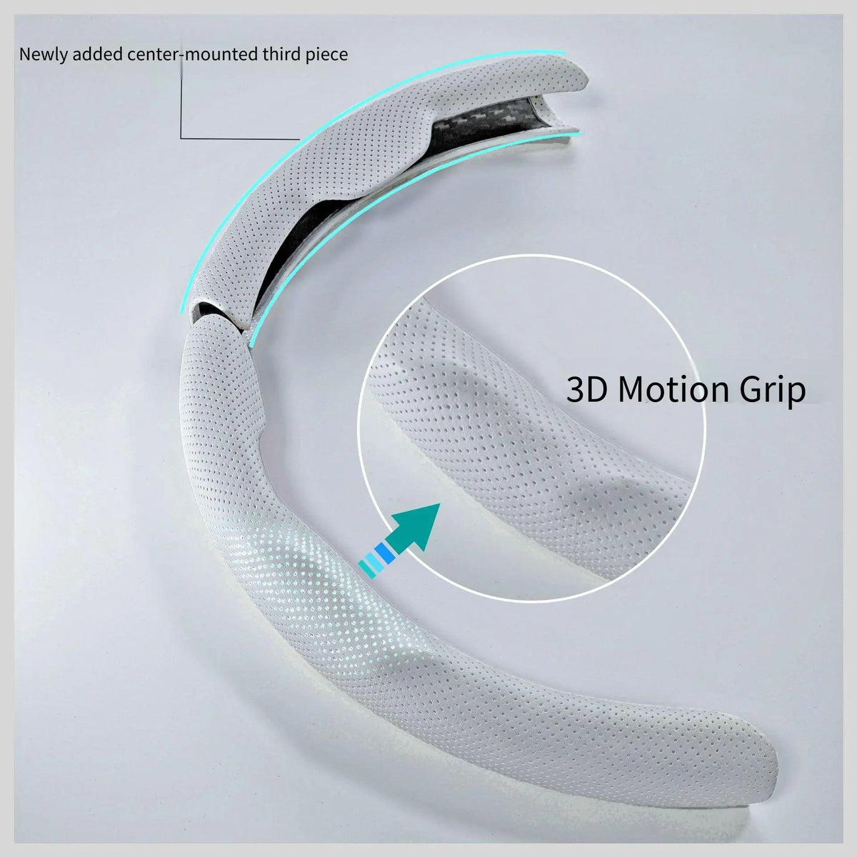 A white breathable perforated leather steering wheel cover with a newly added center-mounted third piece.