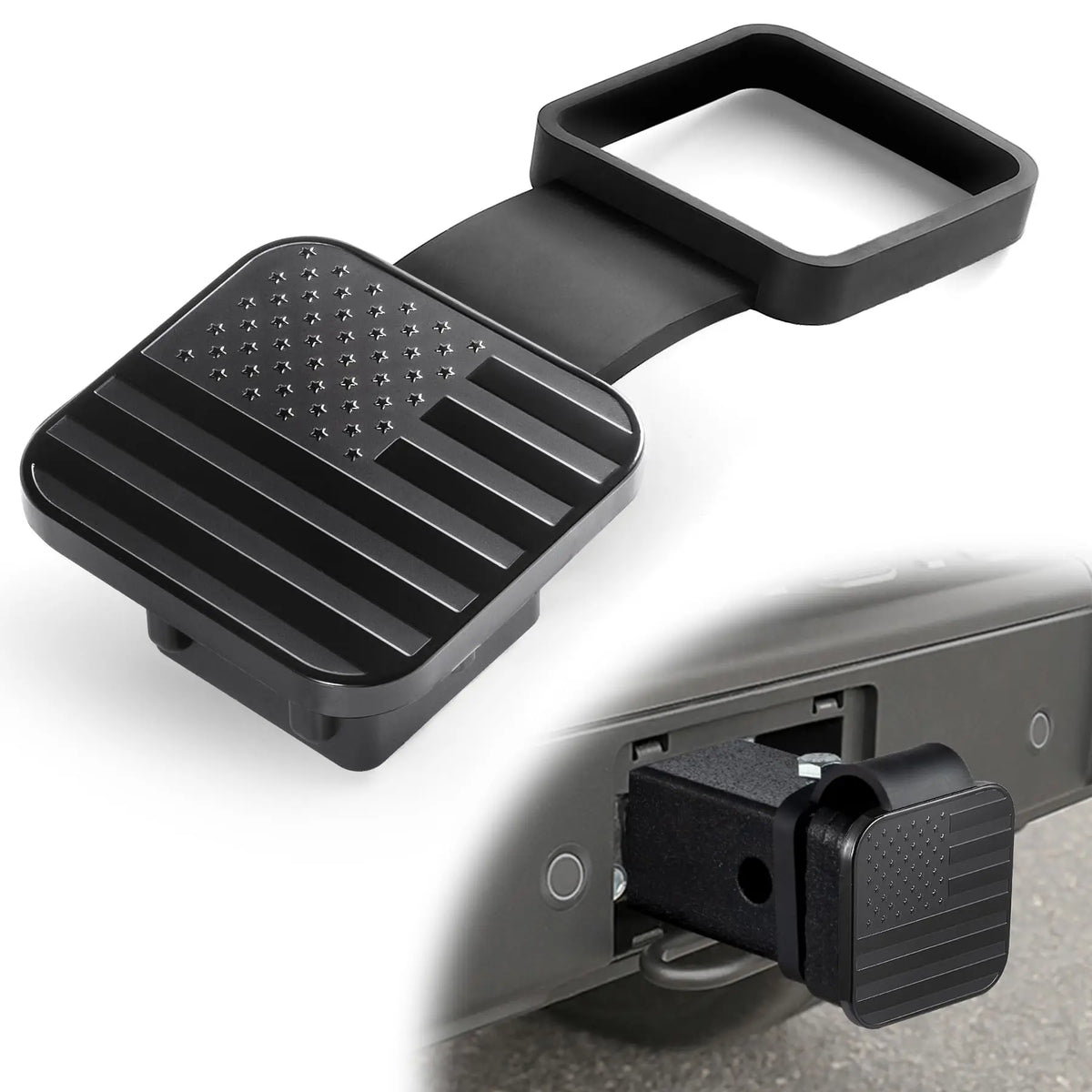A black universal trailer hitch receiver cover with a handle is shown next to its installed form.