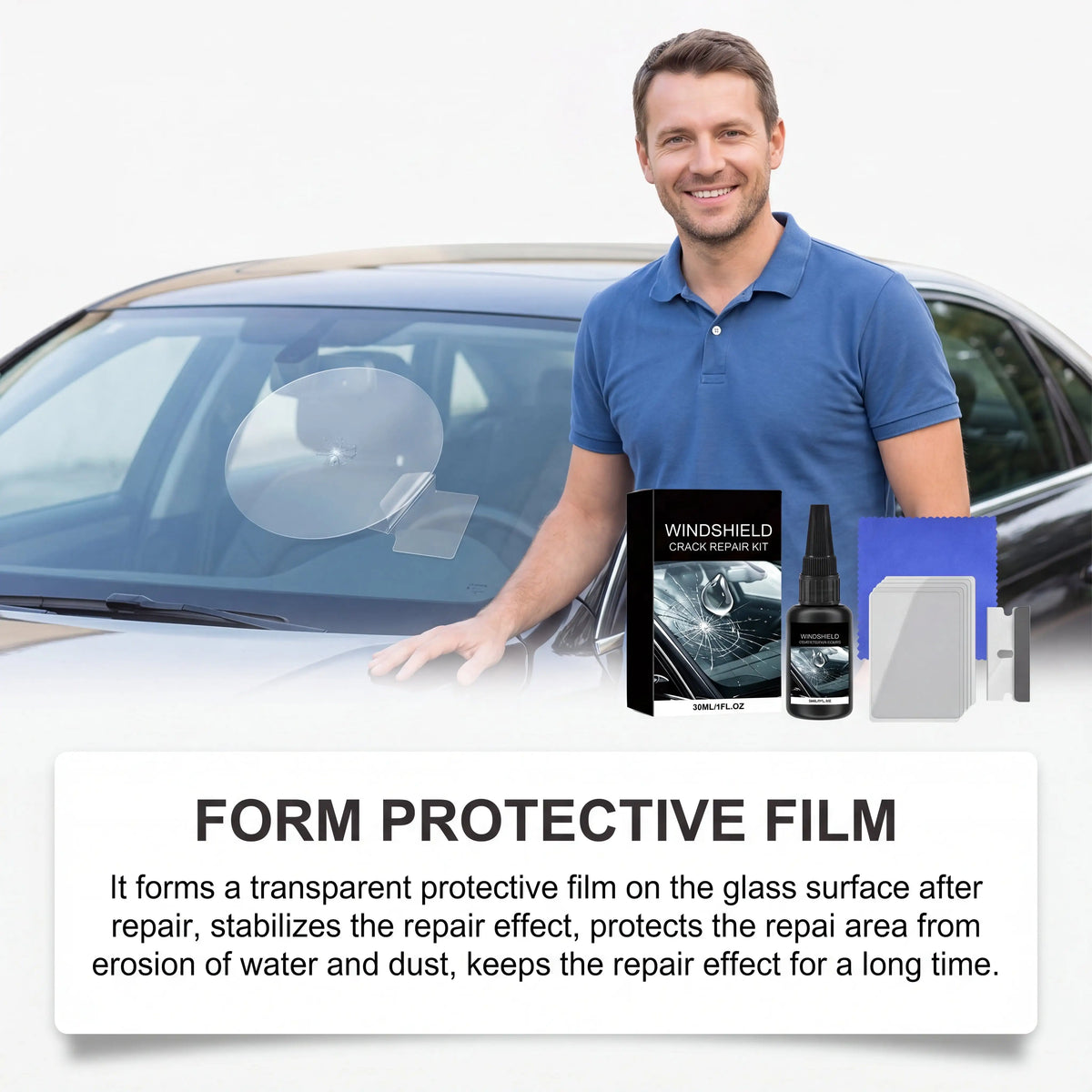 A man stands next to a car showing a Windshield Crack Repair Kit bottle and applicator for forming protective film on glass.