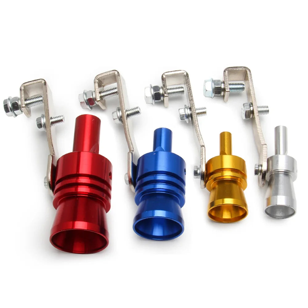 A set of four chrome exhaust whistles in red, blue, gold, and silver metal finishes.