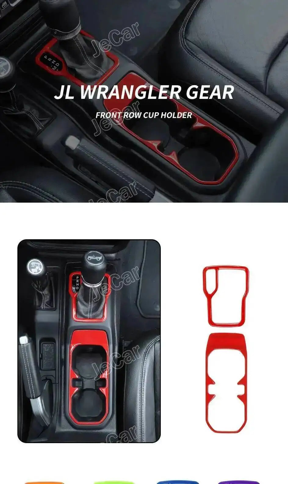 Interior view of a Jeep Wrangler gear shift panel with red trim stickers and cup holders.