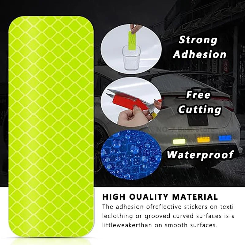 A bright lime green reflective sticker product shown with features like strong adhesion, free cutting, and waterproof propert