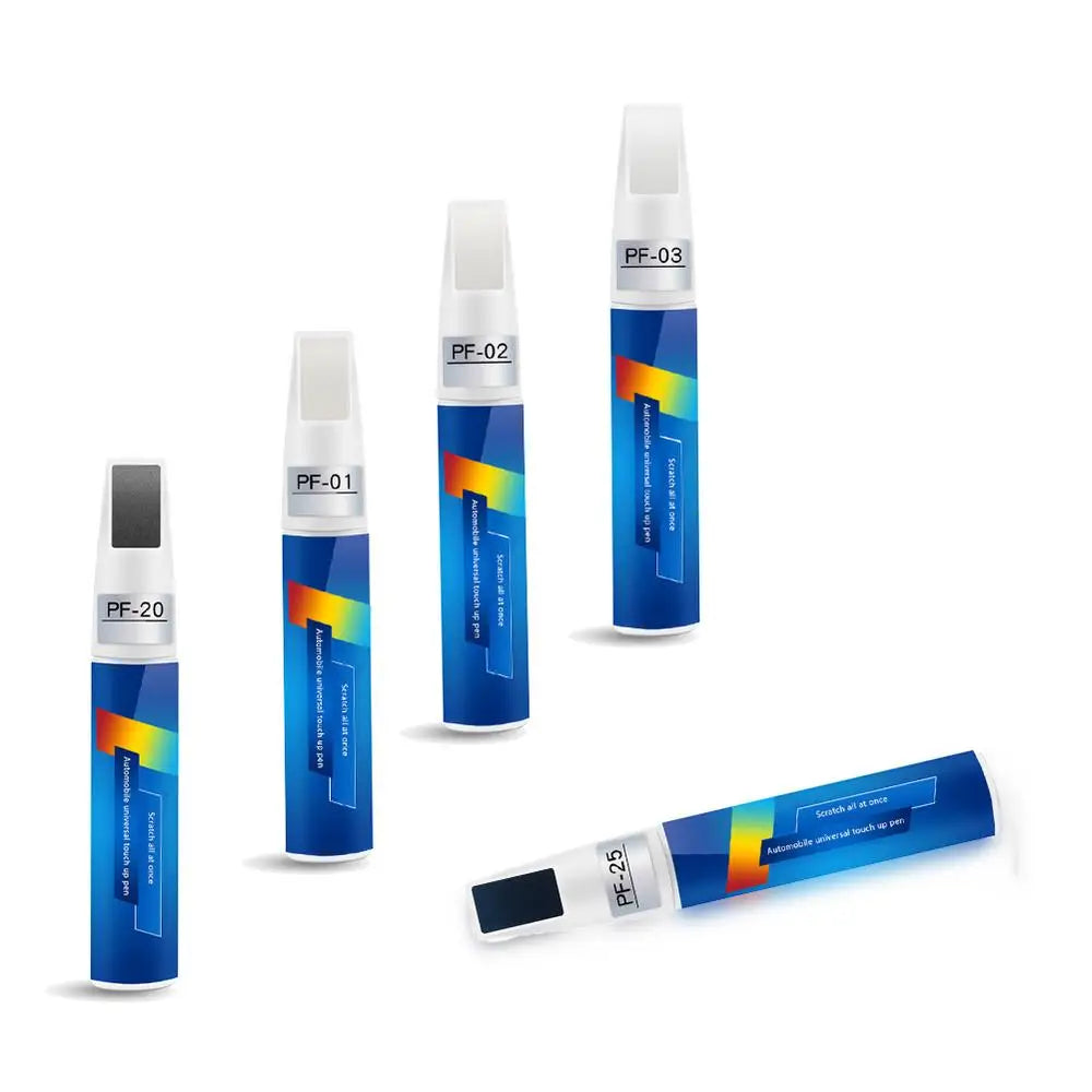 A collection of PF-03, PF-02, and PF-20 car touch-up paint pens with brush and pen tips.