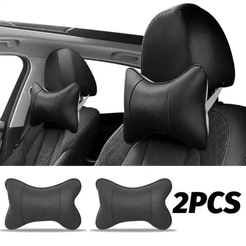Two black ergonomic auto headrest cushions designed for neck support.