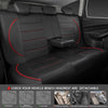 Black leather car seat covers with red stitching and detachable headrests shown in a vehicle interior.