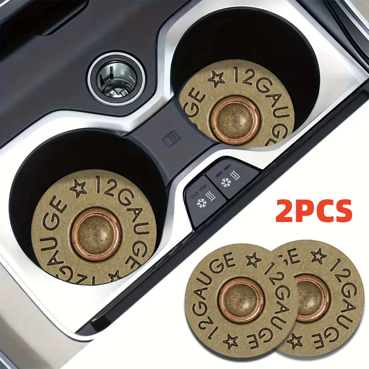 Two brass gauge bullet car cup mats are shown inside a silver car cup holder.