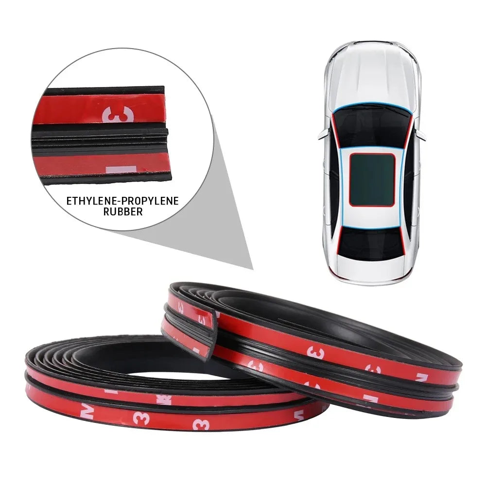 Una rollo de tiras de sellado de goma rojas y negras tipo T para juntas de vehículos, junto a un sello automotriz terminado.