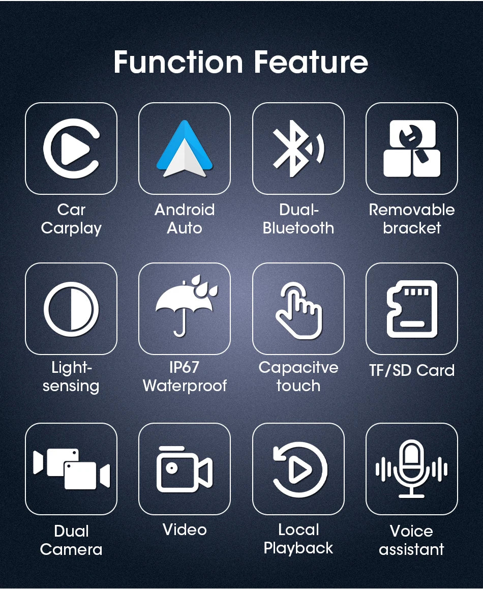 Icônes de fonctionnalités pour un GPS de moto : CarPlay, Android Auto, Bluetooth, écran tactile et caméra.