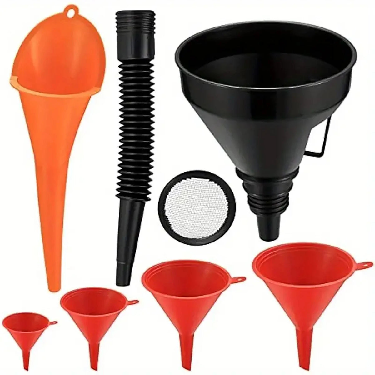 Set aus orange und roten Multifunktions-Autofunnels, einschließlich eines großen, eines schmalen und mehrerer kleiner Funnel.
