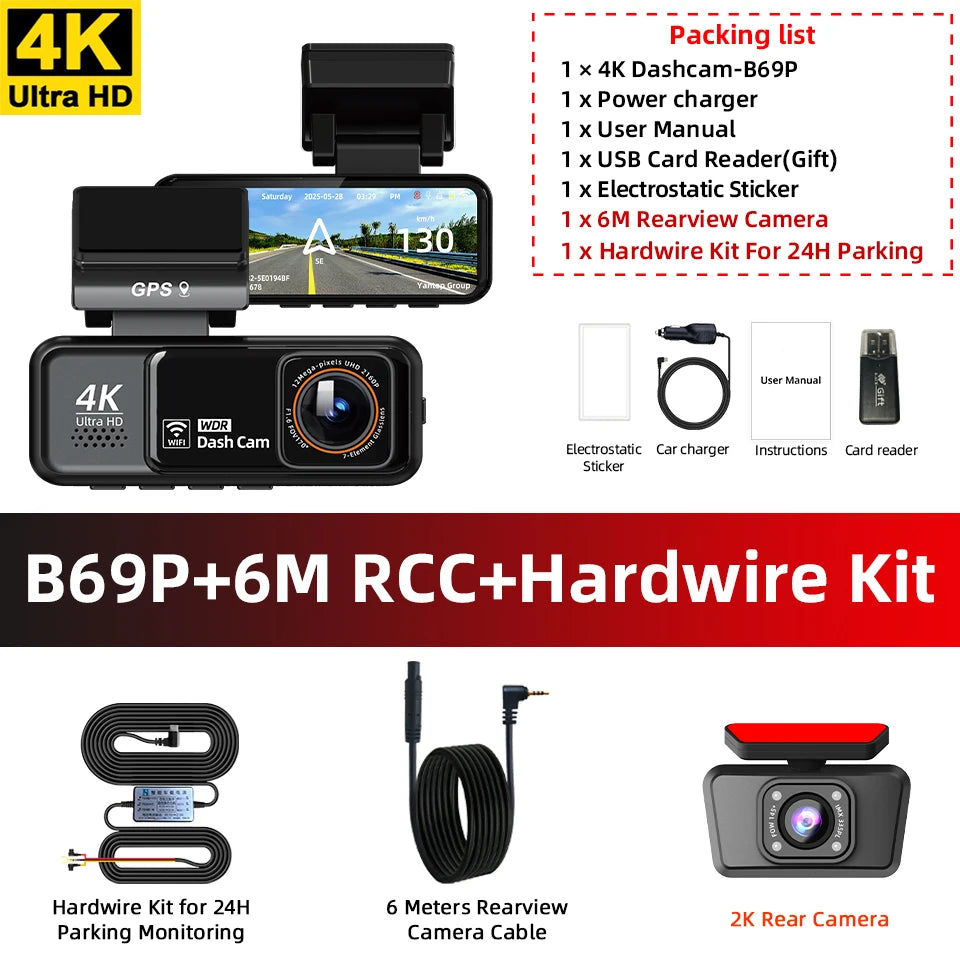 A 4K dashcam kit featuring a main camera, a rearview camera, GPS, and hardware for 24-hour parking monitoring.