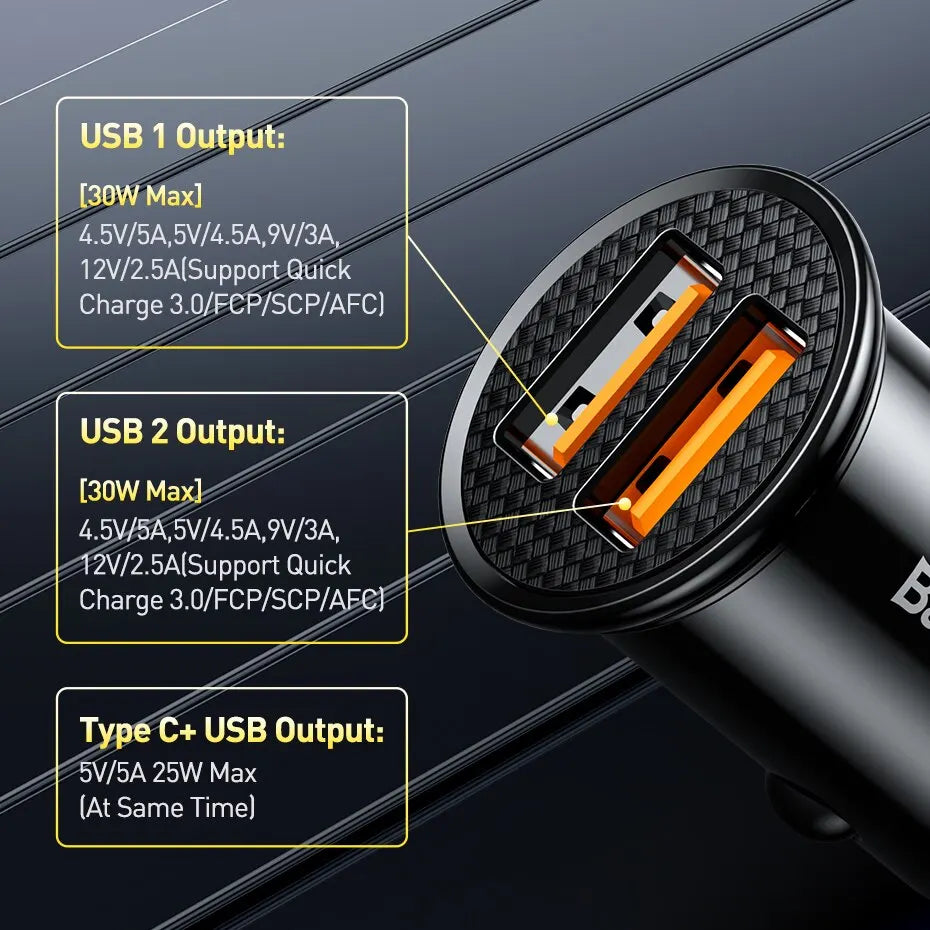A close-up view of a car charger showing USB 1 and USB 2 outputs with various voltage and current options.