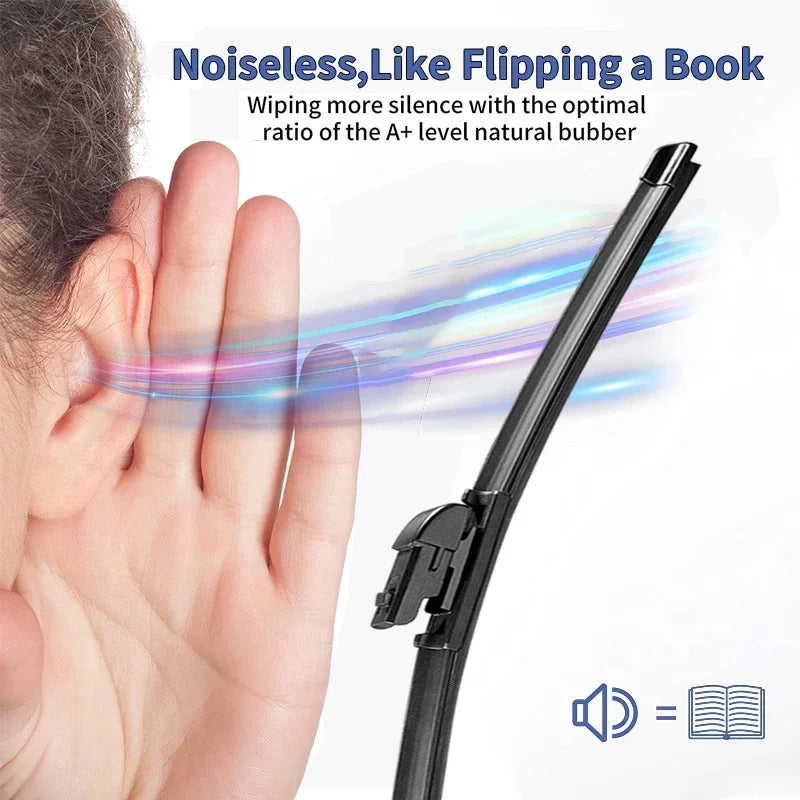 A hand is shown using a wiper blade, demonstrating the noiseless operation of a wiper system.