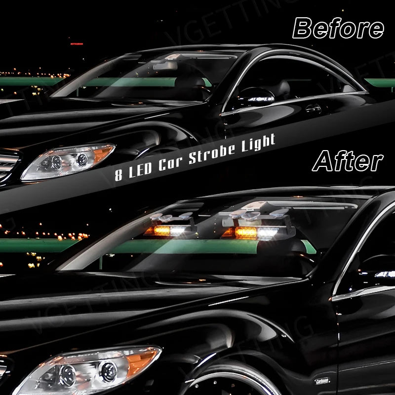 Comparaison avant/après de 8 feux stroboscopiques LED installés sur une voiture noire.
