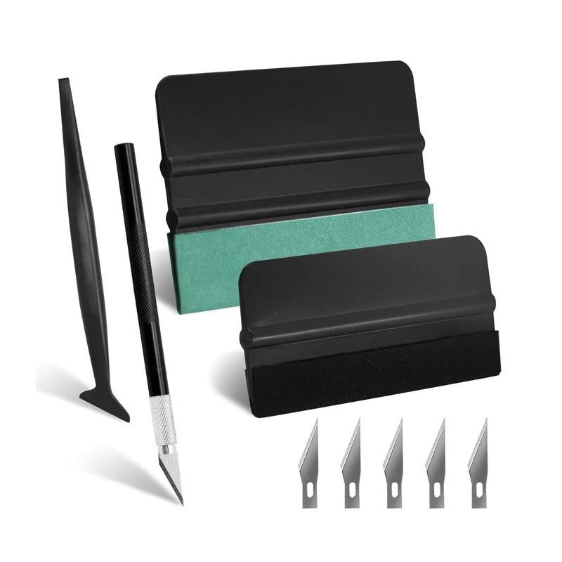 Kit de instalación de película para ventanas profesional en negro y verde azulado con cuchilla metálica y varias herramientas