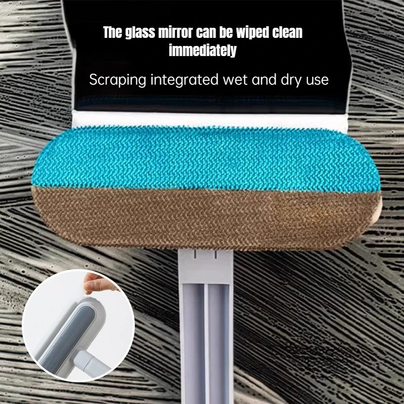 A long-handled static pet hair remover brush with a blue foam head and a beige grip, shown against a wooden background.