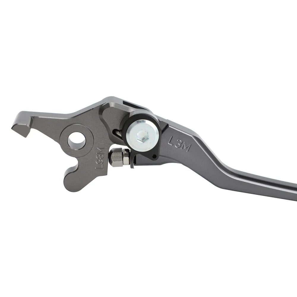 A close-up view of a motorcycle brake and clutch lever assembly for a Surron Ultrabee, featuring a silver-colored lever and m