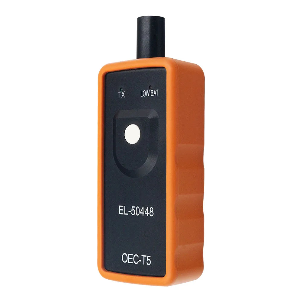 An orange and black TPMS tire pressure sensor re-learn tool with a black cap.
