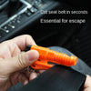 A hand holds an orange cut seat belt tool kit against a black seat belt.