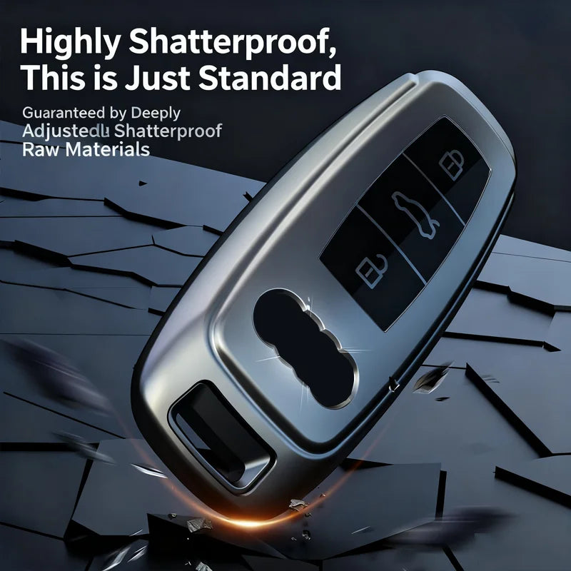 A silver car key case cover is shown shattering against a dark surface, demonstrating its shatterproof quality.