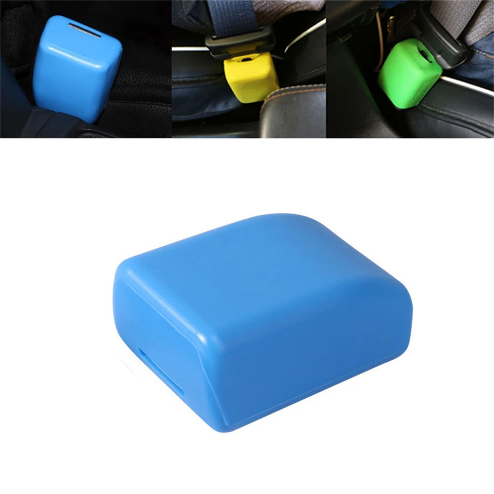 A bright blue silicone seat belt buckle cover shown in various angles.