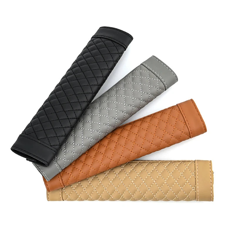 Two packs of PU leather car seat belt covers in black, gray, and tan colors.