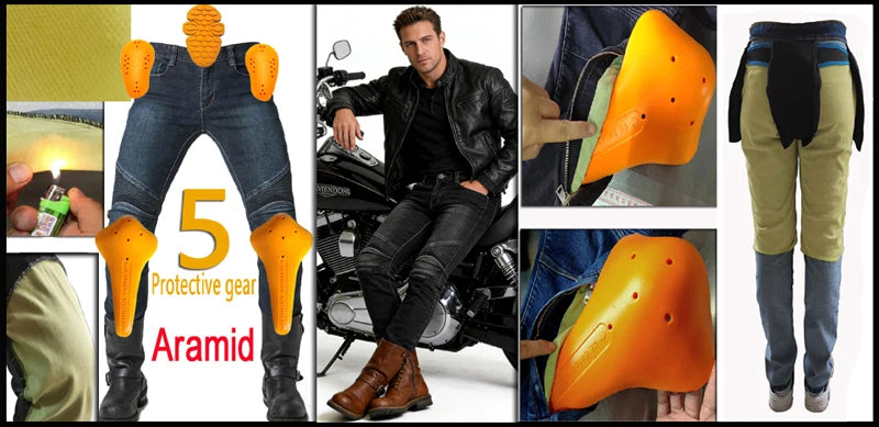 Five orange protective gear items including gloves and knee pads shown next to motorcycle accessories and clothing.