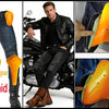 Five orange protective gear items including gloves and knee pads shown next to motorcycle accessories and clothing.