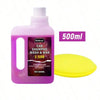 A purple bottle of Redecas Car Shampoo Wash & Wax with a yellow cap and a yellow foam disc shown next to it.