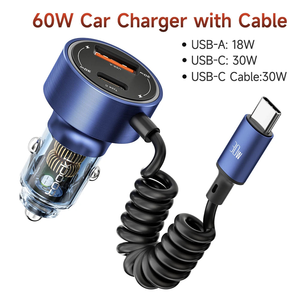A blue car charger with a cable is shown, featuring USB-A and USB-C ports for charging devices.