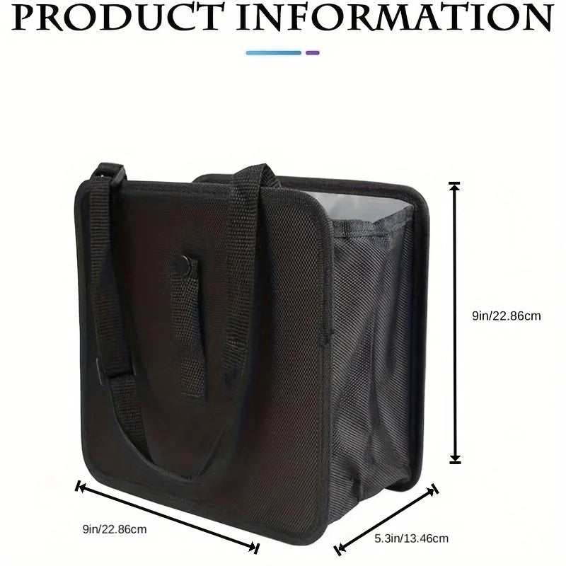 A black car trash organizer bag with a mesh liner and strap, shown from the side.