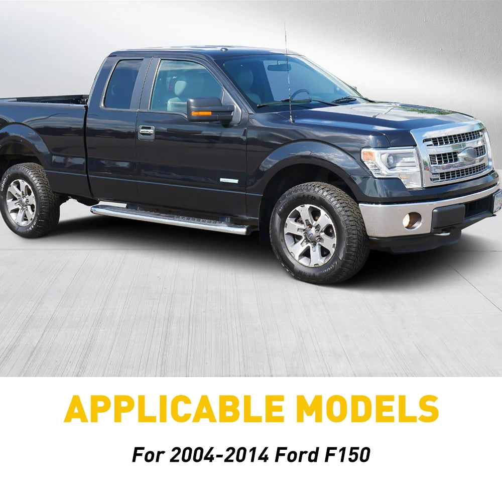Glossy piano black window door pillar trim for a Ford F-150 pickup truck.