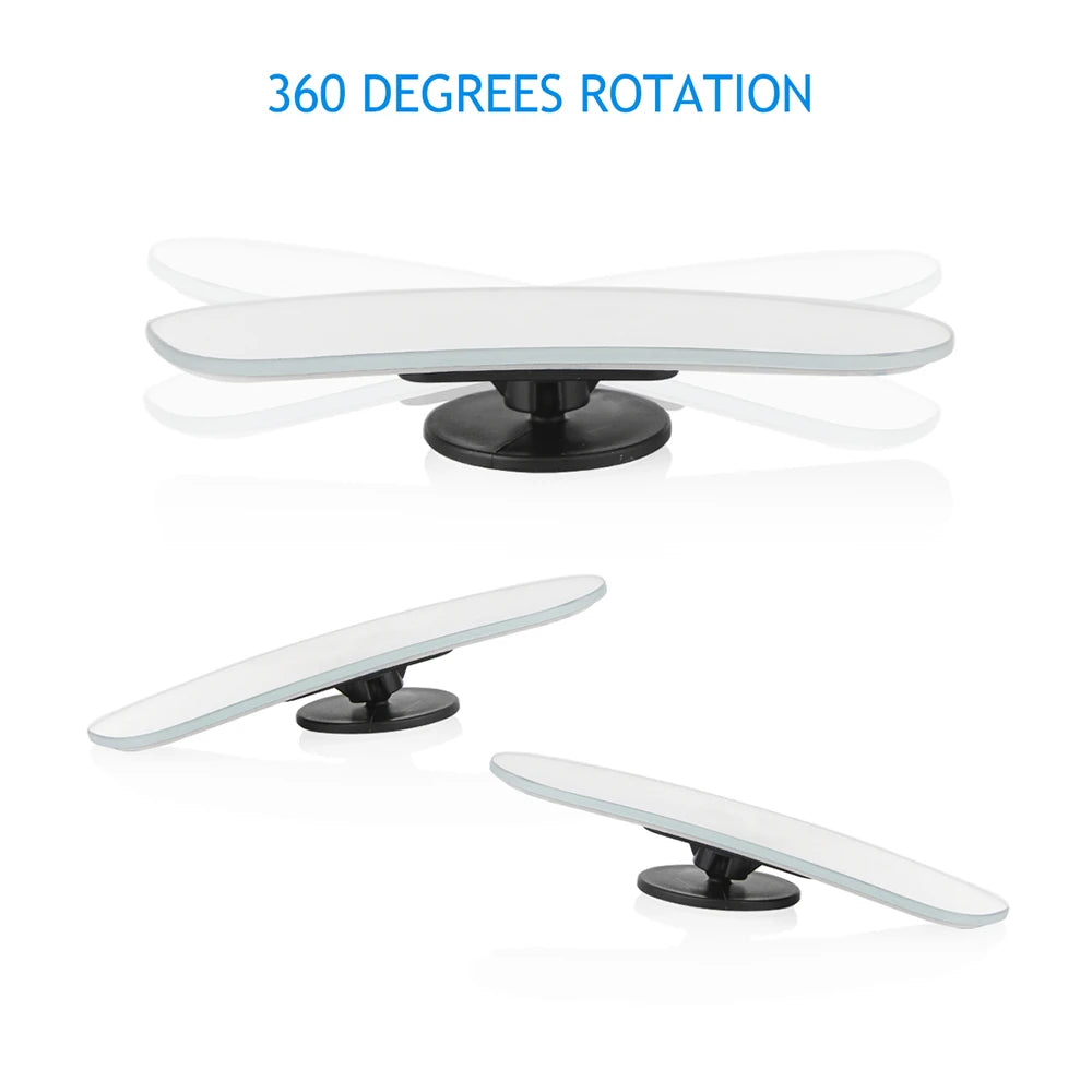 A white convex angle car mirror with a black base, demonstrating 360 degrees rotation.