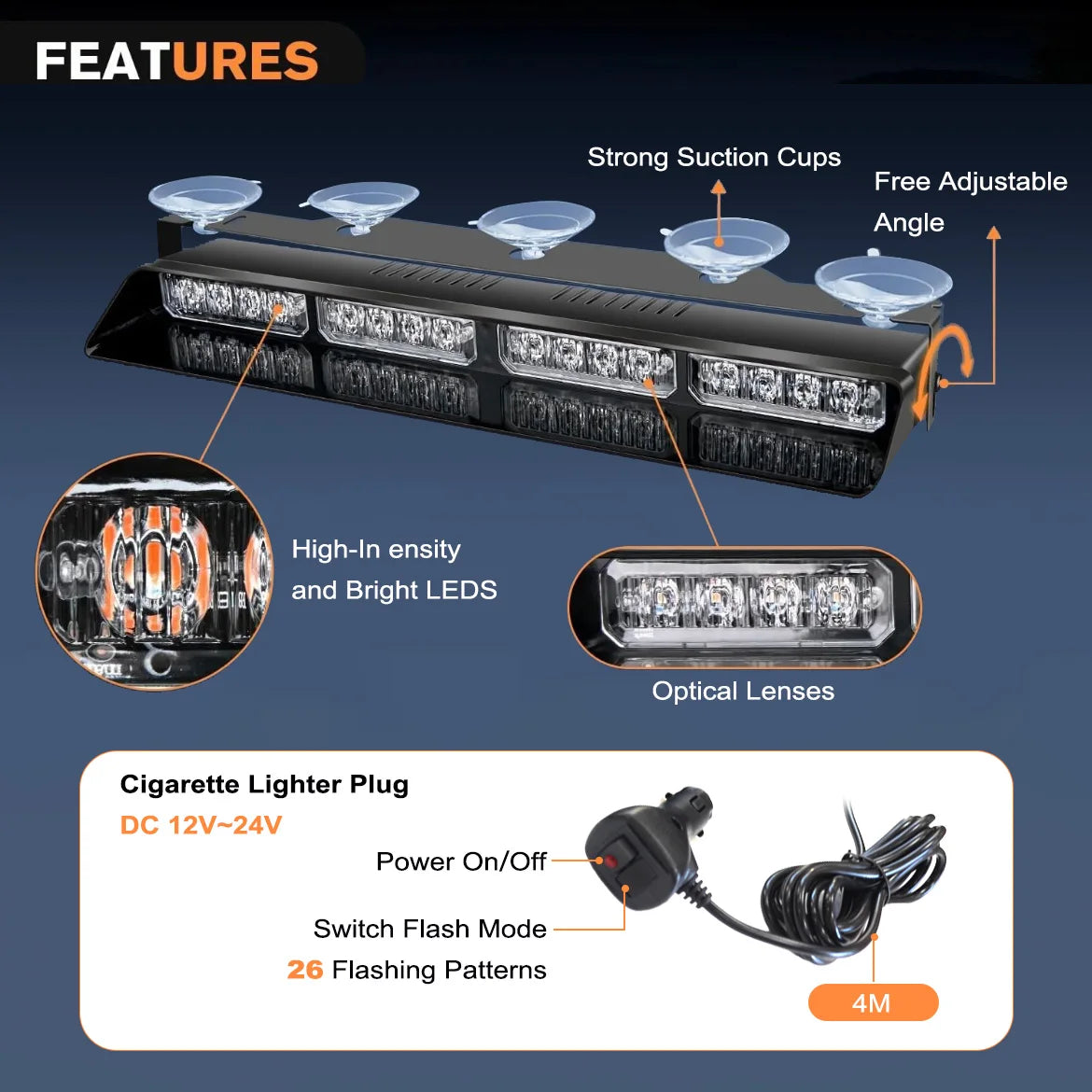 Emergency dash strobe lights featuring strong suction cups, adjustable angle, high-intensity LEDs, and a cigarette lighter pl