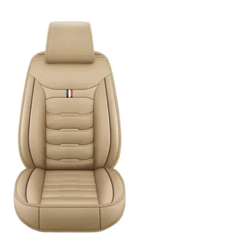 Tan PU leather car seat covers for an SUV or car interior with a subtle French flag detail