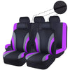 Black car seat covers with purple accents shown in a row, highlighting the breathable fabric design.