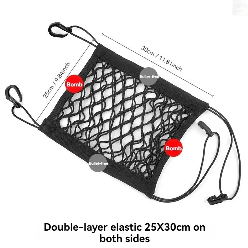 Black double-layer elastic cargo net measuring 25x30cm with hooks for motorcycle use