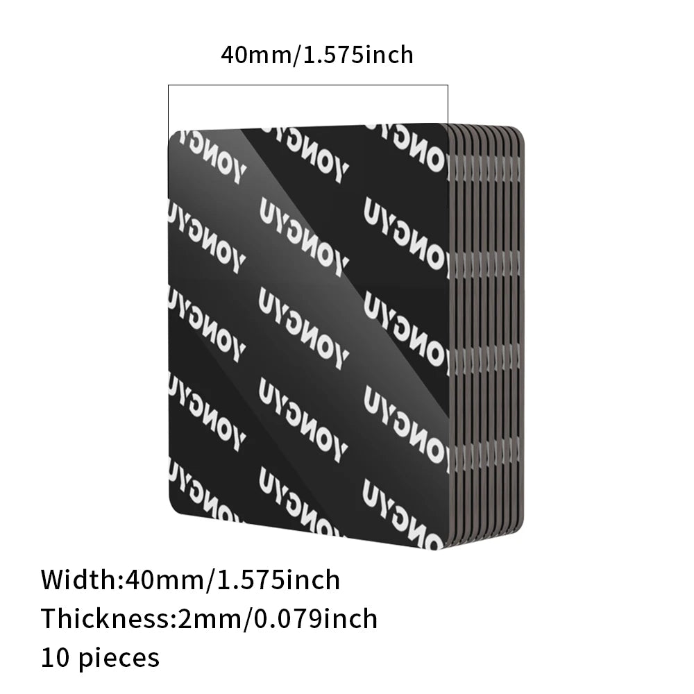 A stack of ten black double-sided adhesive pads, measuring 40mm wide and 2mm thick.