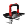 A black trailer anti-rattle stabilizer lock with a red and black handle and mounting plate.