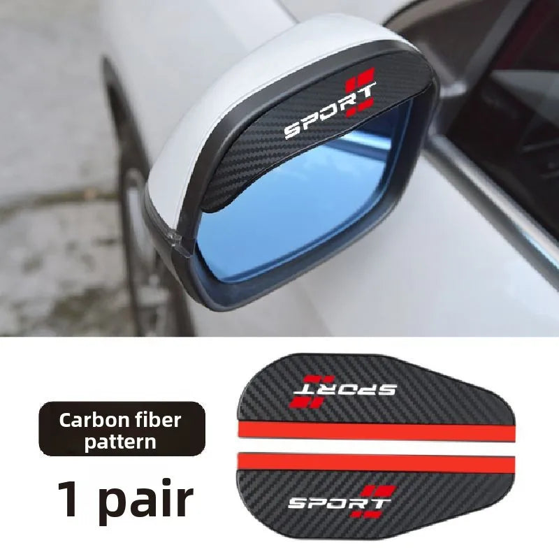 A pair of black carbon fiber patterned rain covers for a universal car rearview mirror.