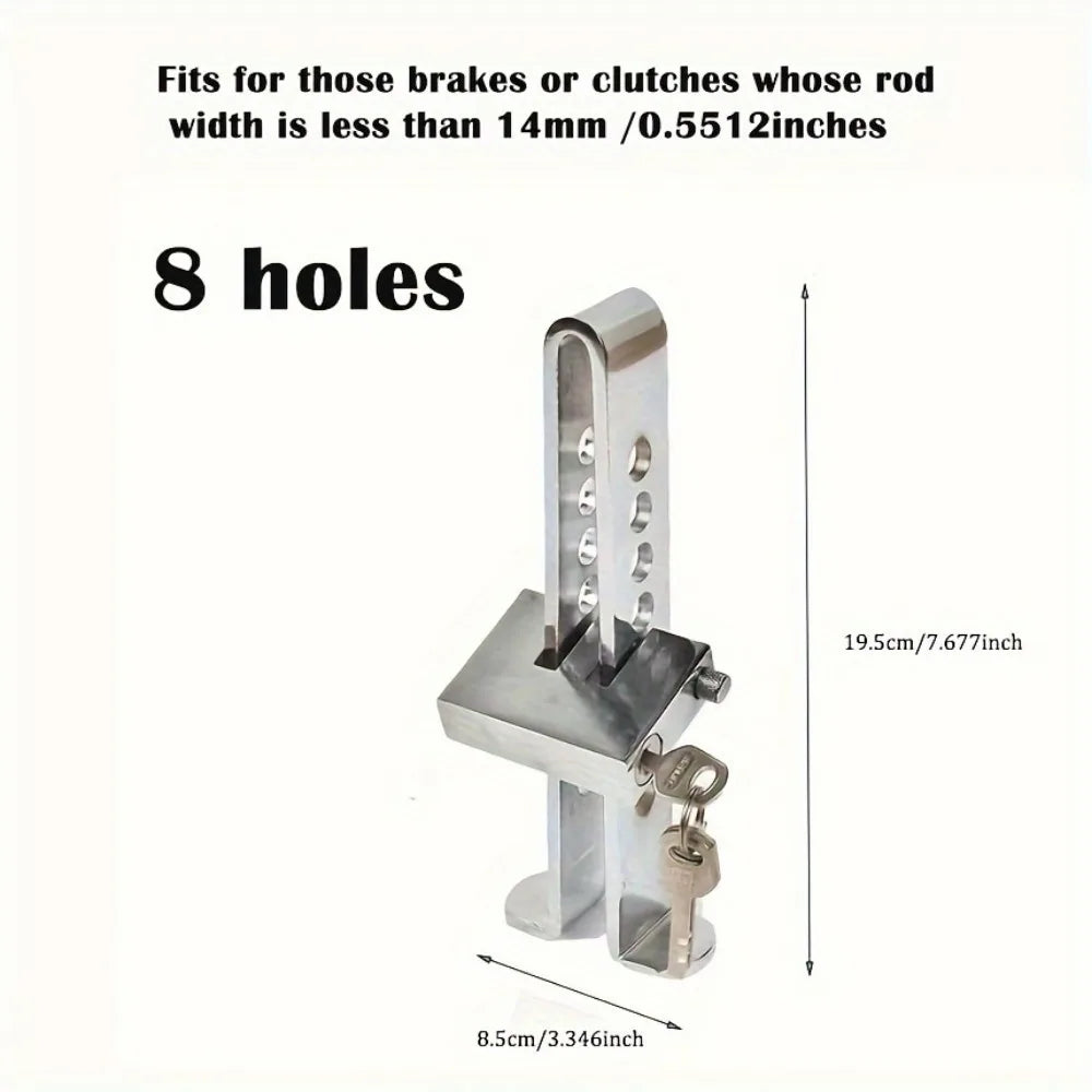 Stainless steel brake pedal clutch lock with 8 holes and a mounting plate.