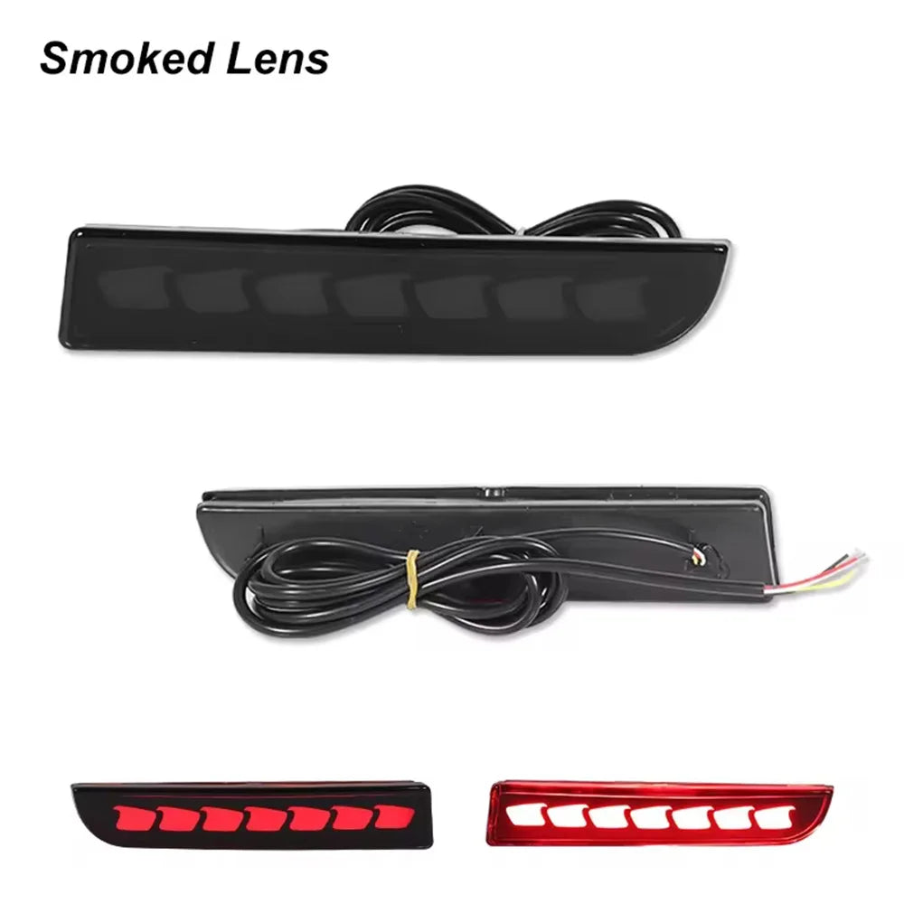 Black smoked lens LED rear bumper reflector lights with sequential turn signal for Mitsubishi Lancer, Evolution X, and Outlan