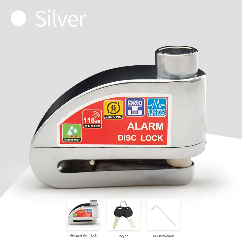 Silver disc lock alarm security device with key and hex screwdriver shown on a white background