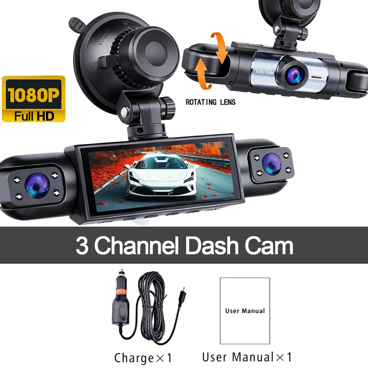 A black 3 channel dash cam system with a rotating lens and a display screen is shown, along with a charger and user manual.