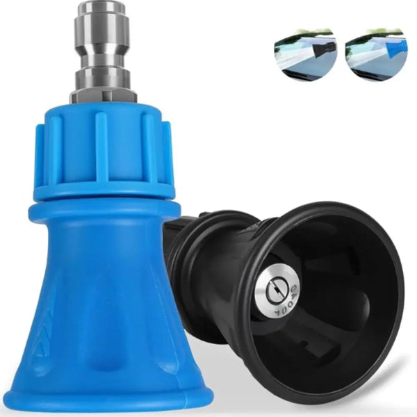 A blue stainless steel pressure washer nozzle set with a black rubber adapter.