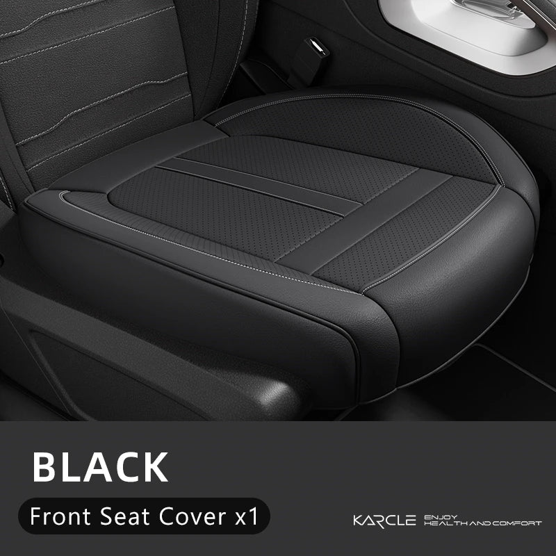 Black front seat cover for a car seat, showing the texture and stitching of the leather.